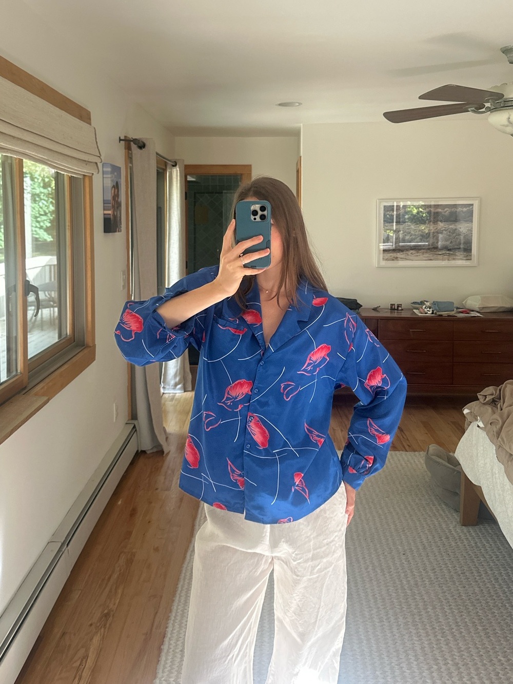 Vintage Blue Button-Down Blouse with Pink Floral Detail